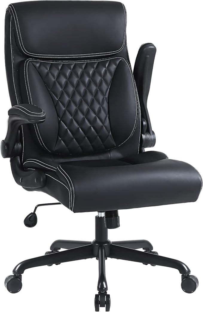 Youhauchair Executive Office Chair, Ergonomic Home Office Desk Chairs, PU Leather Computer Chair with Lumbar Support, Flip-up Armrests and Adjustable Height, High Back Work Chair, Black